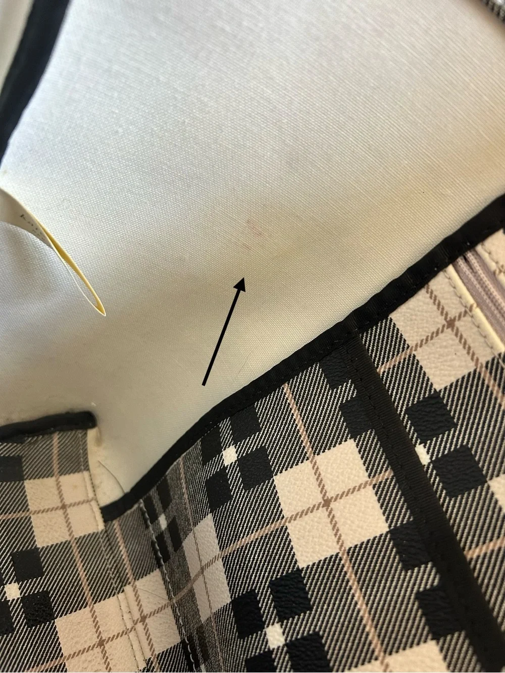 Kate Spade Black and Cream Plaid Tote with Heart Charm